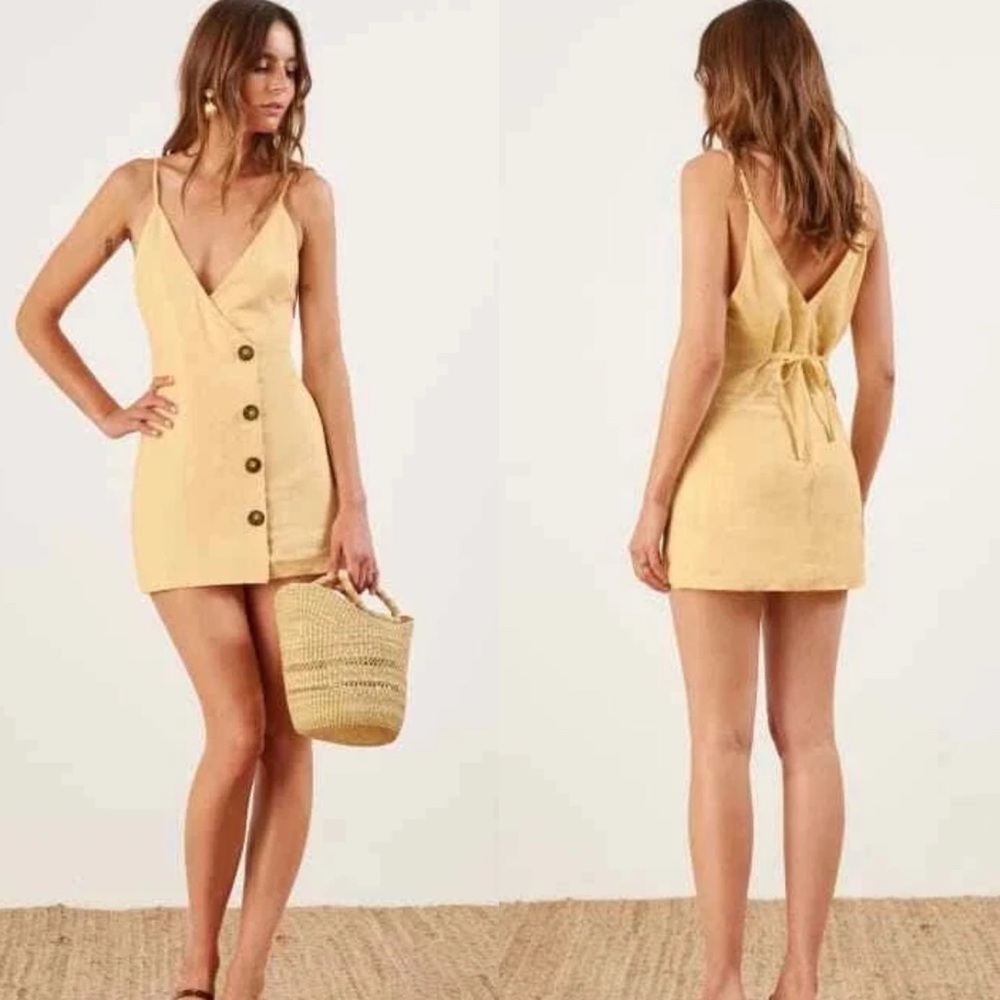 Reformation Cayman Linen Button Down Mini Tank Dress In Yellow Women's Size L